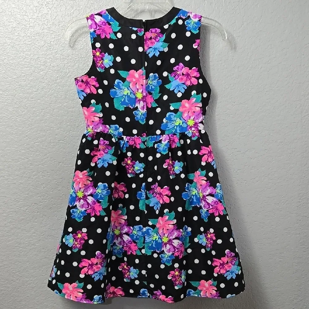 Justice Girls Floral Polka Dot Dress 12 Black Twirl Party Sundress Trendy Tween
